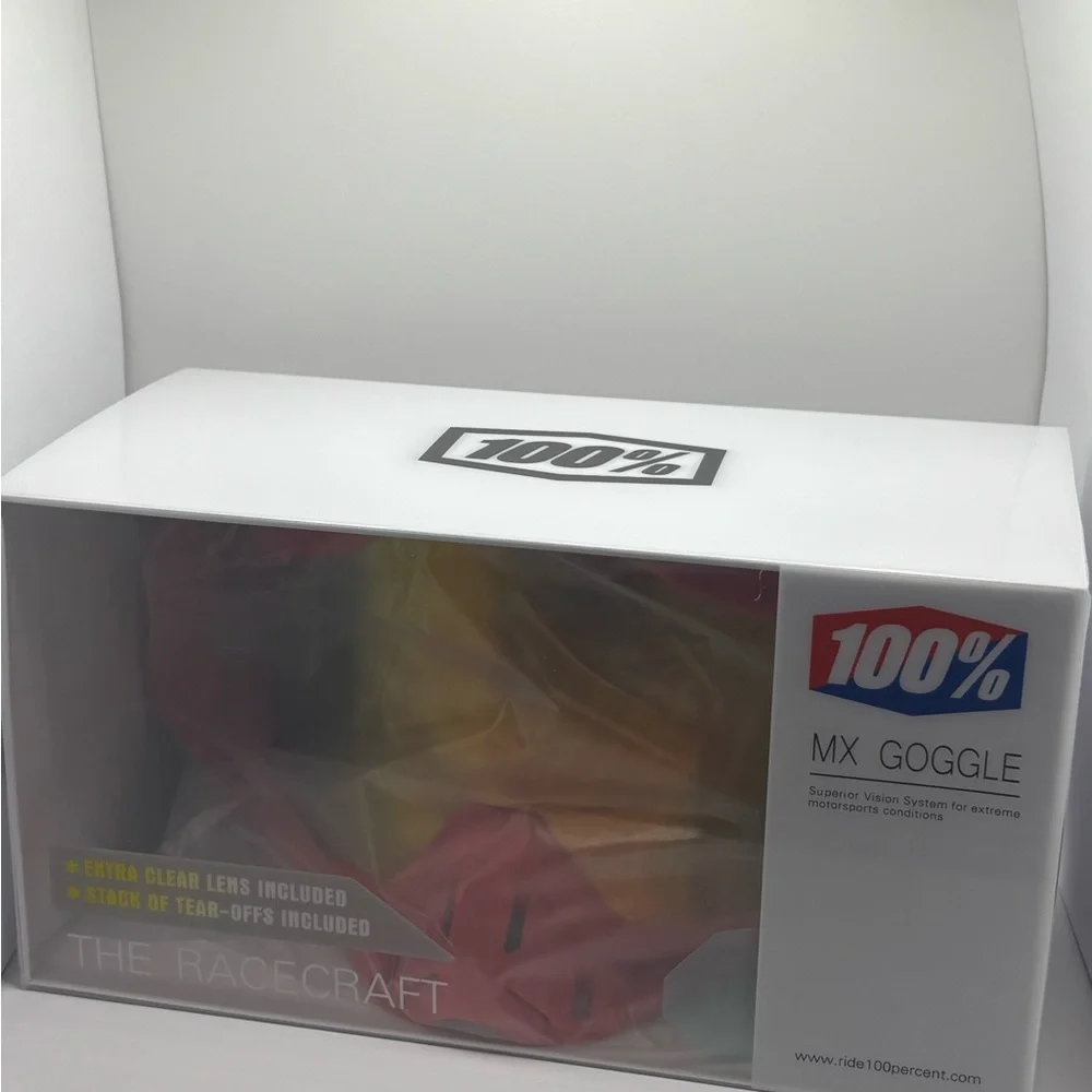 Red 100% goggles comes with peal offs and a removable nose guard